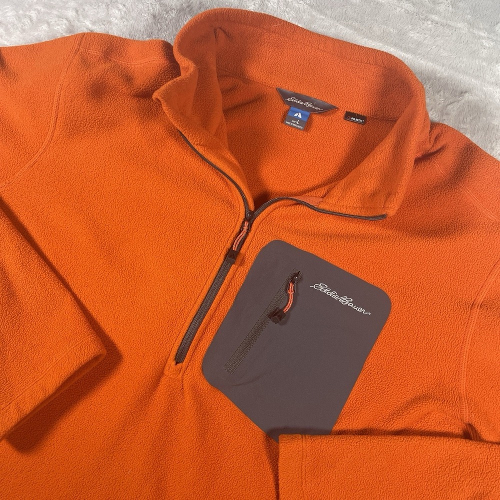 Eddie Bauer First Ascent Sweater Men Large Orange‎ Fleece 1/4 Zip Chest Pocket